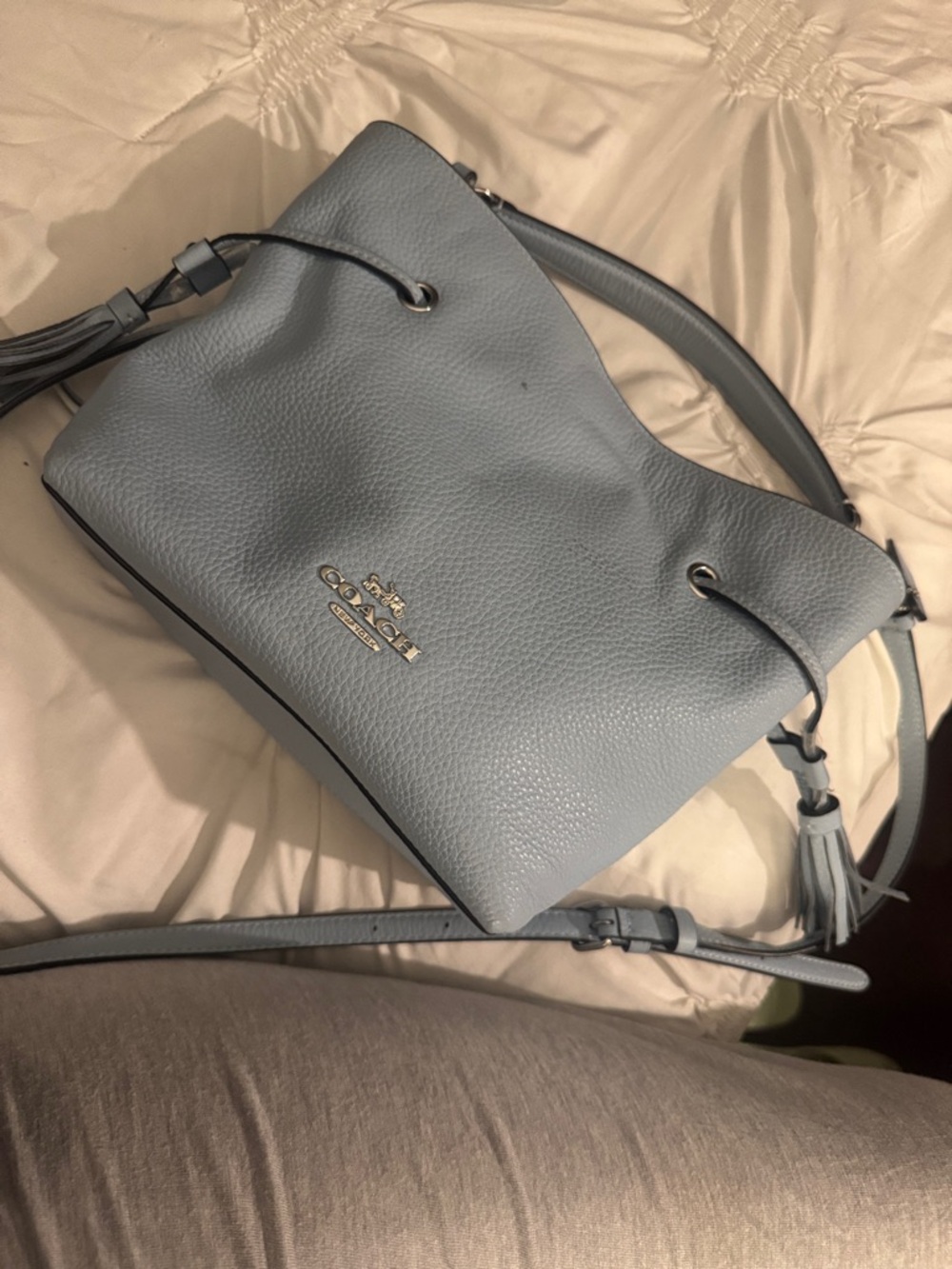 Coach Light Blue Pebbled Leather Drawstring Crossbody Bag